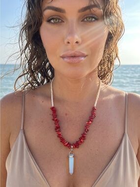 Handmade Red Coral Chip Necklace with Opalescent Pendant -